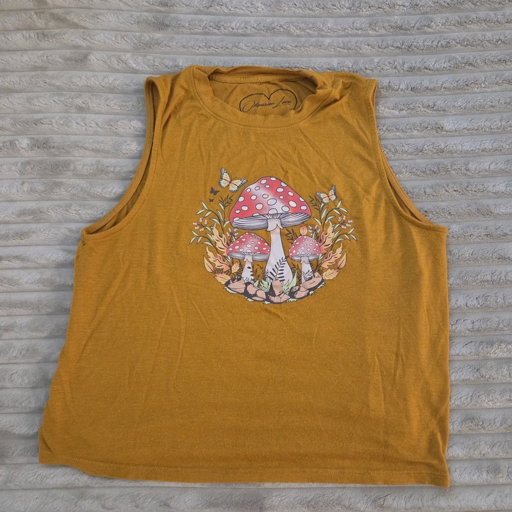 Obsessive Love Mustard Yellow Mushroom Butterfly Graphic Crop Tank Top Size S